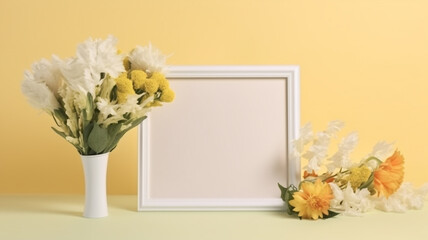 White frame with a flower on a yellow background