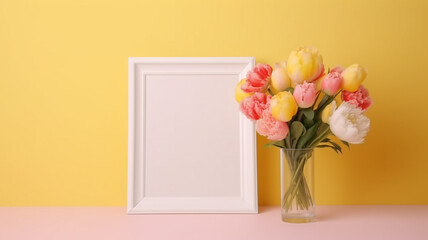 White frame with a flower on a yellow background