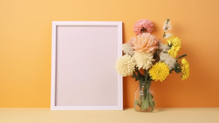 A frame with flowers on it and a vase with a yellow flower in the corner.