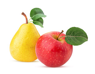 Yellow pear and red apple with leaf