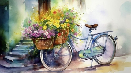Fototapeta na wymiar A painting of a bicycle with a basket of flowers on it.