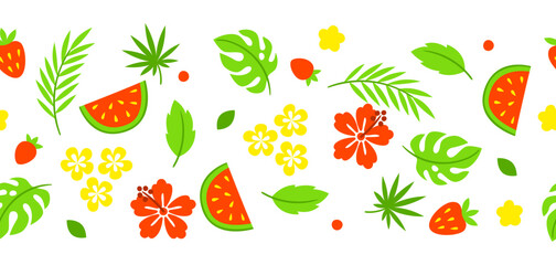 Pattern with summer plants. Beautiful tropical natural flowers, fruits and leaves.