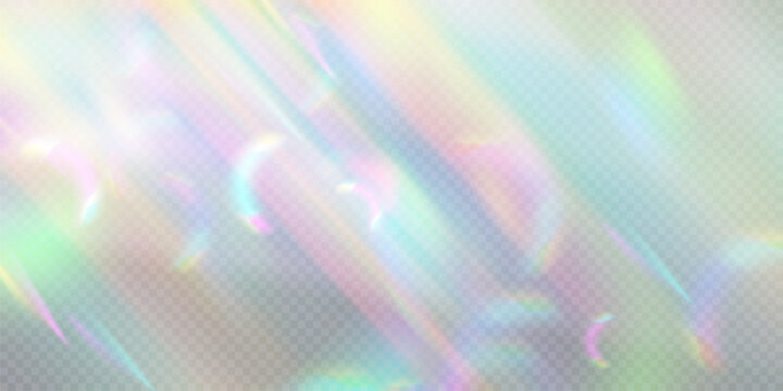 Rainbow light prism effect with holographic beam light reflection, transparent background. Crystal flare leak shadow overlay. Vector illustration of abstract blurred iridescent light backdrop