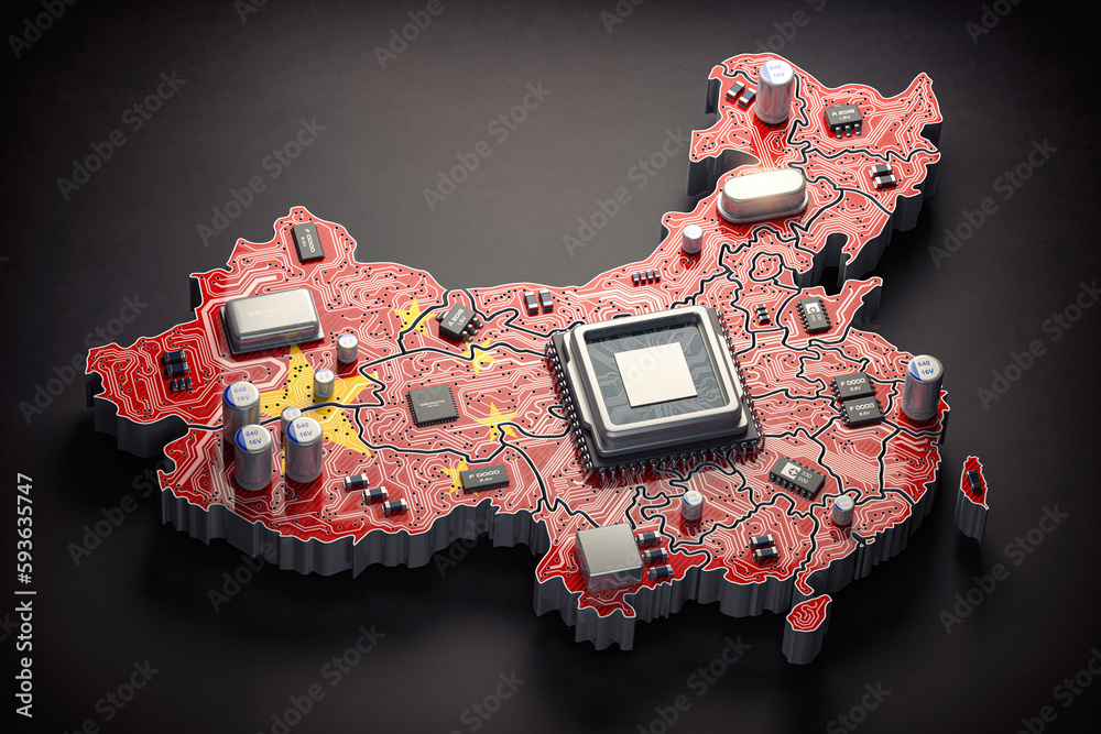 Poster China semiconductor industry, computer chips manufacturing  and artificial intelligence concept. Motherboard with CPU processor in form of map of China