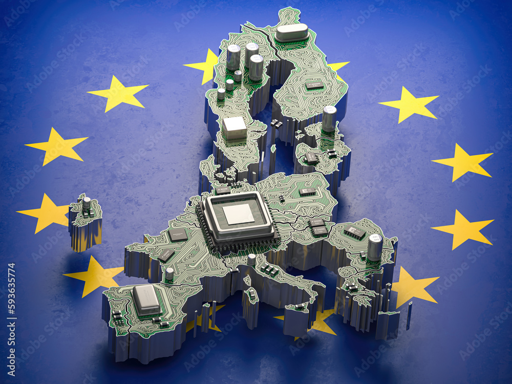 Poster EU semiconductor industry, computer chips manufacturing  and artificial intelligenceconcept. Motherboard with CPU processor in form of map of European Union.