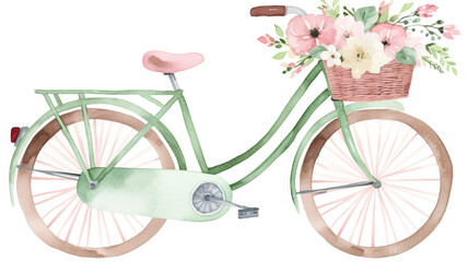 A watercolor illustration of a bicycle with a basket full of flowers.