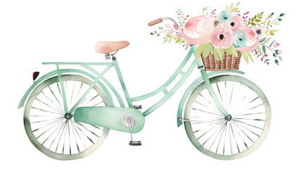 Fototapeta na wymiar A watercolor illustration of a bicycle with a basket full of flowers.