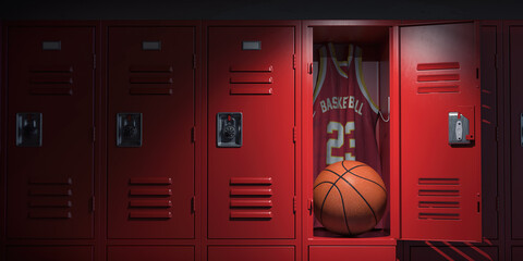Basketball locker room with spotlight on the basketball ball and jersey in open locker. - 593635763
