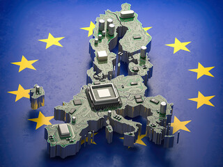 EU semiconductor industry, computer chips manufacturing  and artificial intelligenceconcept. Motherboard with CPU processor in form of map of European Union.