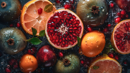 Image of mixture of fresh fruits with water bubbles soda cider generative ai printed on Printed Glass Splashbacks