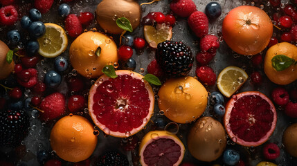 Fototapeta na wymiar mixture of fresh fruits with water bubbles soda cider generative ai