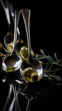 olive oil in teaspoons on a dark background, ai generation