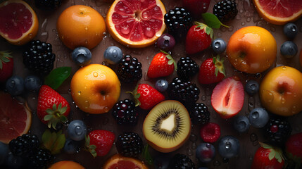 Fototapeta na wymiar mixture of fresh fruits with water bubbles soda cider generative ai
