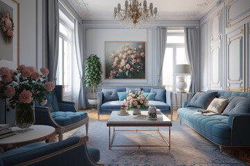 Fototapeta na wymiar A Modern Neoclassical Living Room with Blue Hues, Pink Flowers, Nostalgic Atmosphere, and Classic Charm,Generative AI