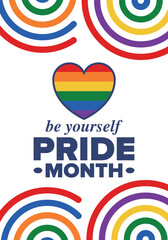 LGBT Pride Month in June. Lesbian Gay Bisexual Transgender. Celebrated annual. LGBT flag. Rainbow love concept. Human rights and tolerance. Poster, card, banner and background. Vector illustration