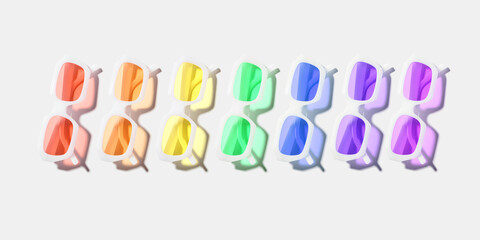 Pattern of rainbow colors sunglasses on white background at sunlight with shadow. Summer fashion...