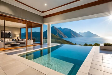 Fototapeta na wymiar Luxury Infinity Pool Mountain View Sunset Real Estate