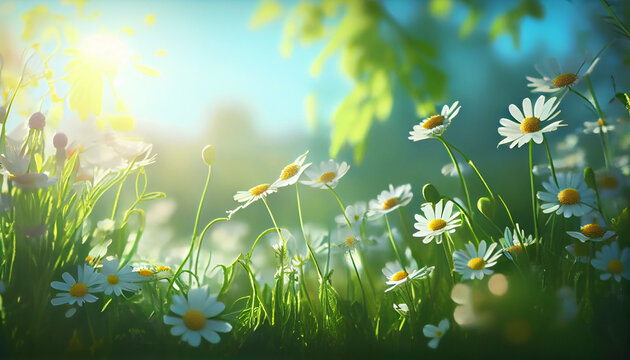 Beautiful spring flowers background nature with beautiful sky. Ai generated image