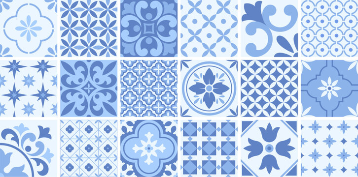 Modern Portuguese Tiles, Floral Kitchen Mosaic Patterns For Decor Walls Or Floor. Tiling Decorations, Ceramic Moroccan, Spanish Racy Vector Elements