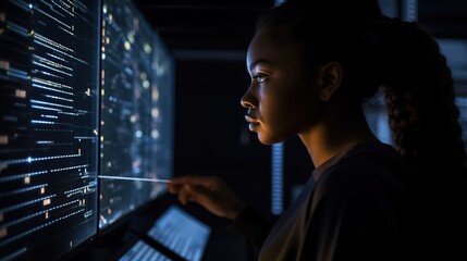 African American man programmer looking at lines of code on a screen. Generative ai