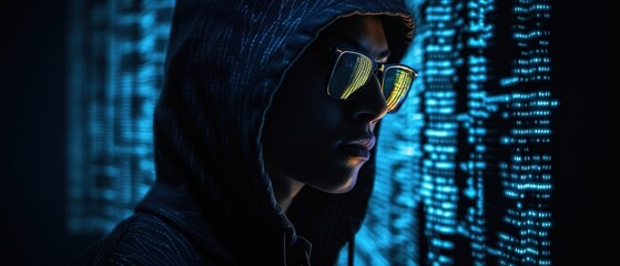 Hacker in a sunglasses on blue digital background. Concept of cyber security and attack. Internet hacking. Concept - a member of a hacker group. Geek in a dark room. Concept - computer geek. Generativ - obrazy, fototapety, plakaty