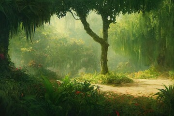 Moody misty warm oil painting of jungle with daylight luscious green plants surrounding with nobody made with generative AI