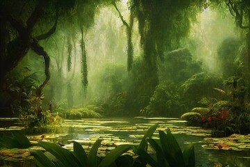 Moody hazy warm oil painting of jungle with daylight luscious green plants surrounding a body of water lake pond river Spanish moss hanging on trees with nobody made with generative AI