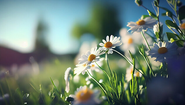 Beautiful spring flowers background nature with beautiful sky. Ai generated image
