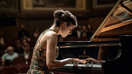 Beautiful concentrated woman pianist doing a piano concert in the auditorium. Generative AI - obrazy, fototapety, plakaty