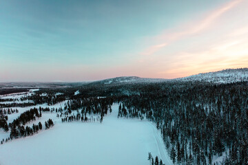 Drone angle view of ski tracks and mountains during winter in Levi, Kittilä, Lapland, Finland