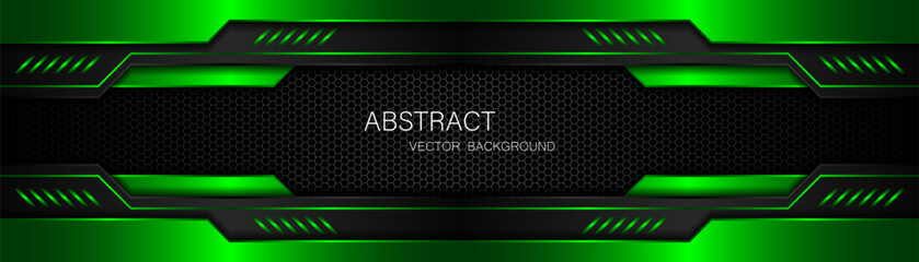Abstract black and green polygon with green glow lines on dark steel mesh background with free space for design. modern technology innovation concept background
