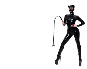 Beautiful Woman in Latex Catsuit with Mask and Collar