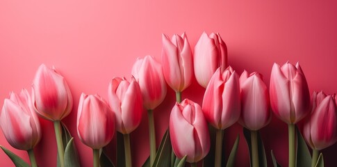 A romantic photorealistic pastiche of pink tulips on a red background, perfect for projects capturing love and romance, styled with colorful woodcarvings and pastel colors