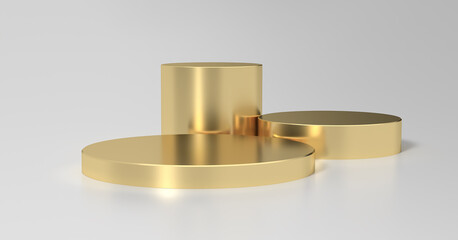 Gold product podium stand background. Three premium stage platforms, advertising mockup. Golden product stand template