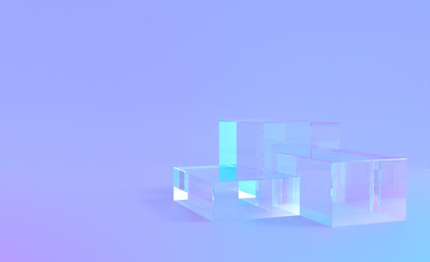 3d glass podium platform for product display on purple blue background with studio lights. Transparent stage base stand. Luxury crystal glass product display.