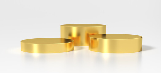 Gold product podium stand background. Three premium stage platforms, advertising mockup. Golden product stand template