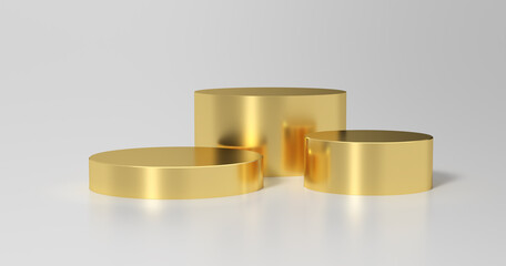 Gold product podium stand background. Three premium stage platforms, advertising mockup. Golden product stand template