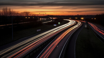 Fototapeta na wymiar Long exposure photo of traffic on the move at dusk on the M40 motorway in England, generative ai