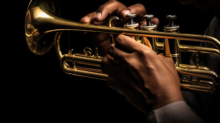 Trumpet instrument. Music player trumpeter jazz playing. Brass instrument cornet hands, generative ai