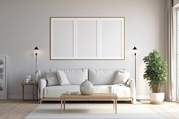 Obraz na płótnie Canvas Frame mockup in modern living room with empty poster frame. Ai generative