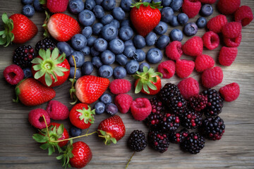 Background forest fruits, raspberries, strawberries and blueberries. Top view. Ai generative