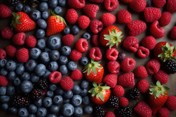 Background forest fruits, raspberries, strawberries and blueberries. Top view. Ai generative