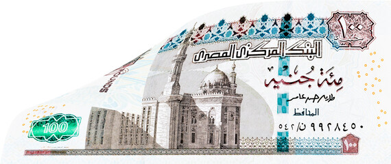 One hundred Egyptian pounds banknote. Image isolated on white background - obrazy, fototapety, plakaty
