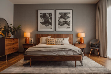 Fototapeta na wymiar mid century bedroom style. Interior design. Ai generative