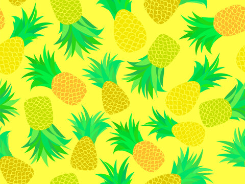 Pineapple seamless pattern. Summer fruit pattern. Pineapple fruit on yellow background. Tropical design for T-shirts, prints on paper and fabric. Vector illustration