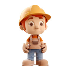 Obraz na płótnie Canvas cute icon 3D Builder man or engineer standing in professional uniform, helmet and dungarees. Repair service, laborer or constructor work Cartoon minimal style on isolated transparent background png. G