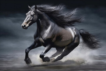 Obraz na płótnie Canvas Beautiful strong gray horse elegant portrait, running in fog with dark stormy cloudy sky and water splatter, created with Generative AI technology