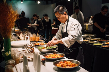 Asian chef, cooking in a large modern kitchen. Generative AI