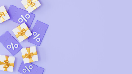 A festive white gift with a golden bow and purple coupons on the table. For favorable discounts and sale for various promotions. With an empty space for the text. 3d rendering illustration.