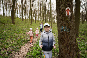 Naklejka na ściany i meble Family hiking together. Boy near trail marker on tree at spring forest.